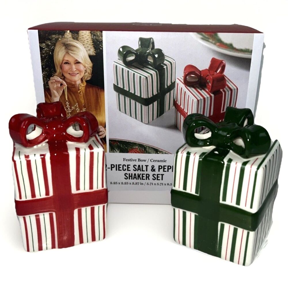 Martha Stewart Ceramic Salt & Pepper Shakers Candy stripe Festive Bow Red Green